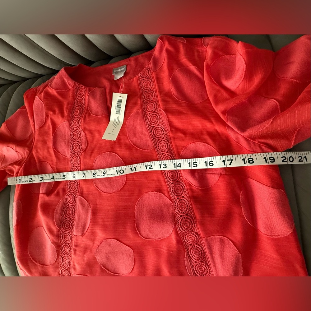 New Chico's Vibrant Orange Blouse with Large Textured Dots,lace trimmed,Office - Picture 8 of 9